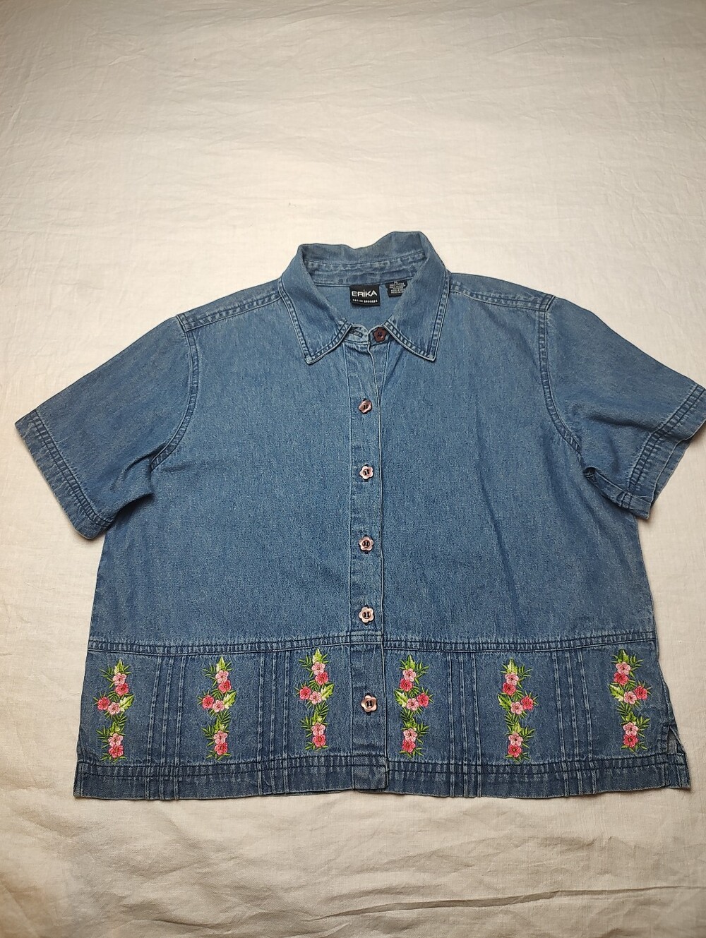 ERIKA Short-Sleeve Denim Button-Up with Floral Embroidery Large Petite